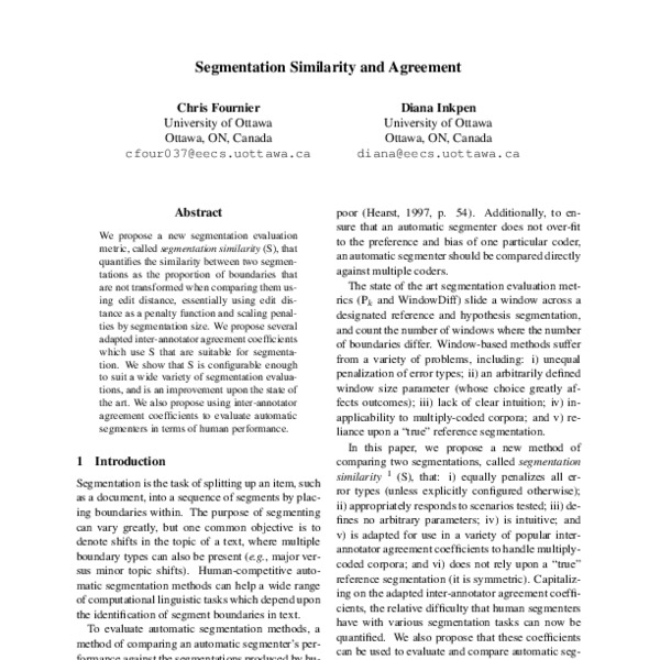 Segmentation Similarity and Agreement - ACL Anthology