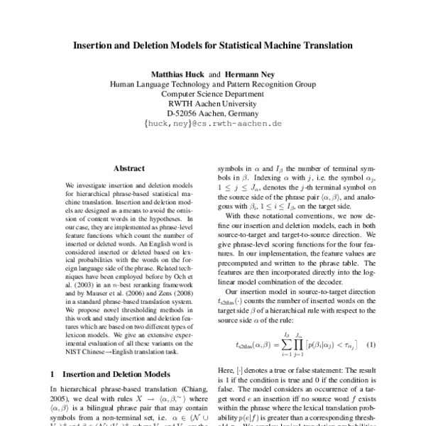 Insertion and Deletion Models for Statistical Machine Translation - ACL ...