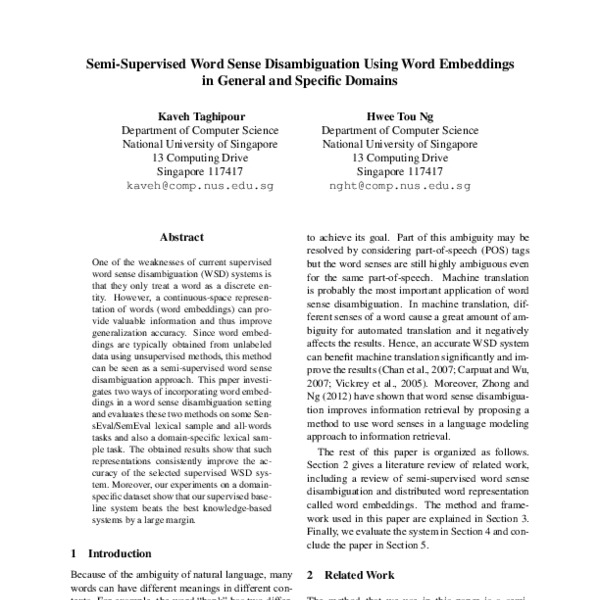 Semi-Supervised Word Sense Disambiguation Using Word Embeddings in ...
