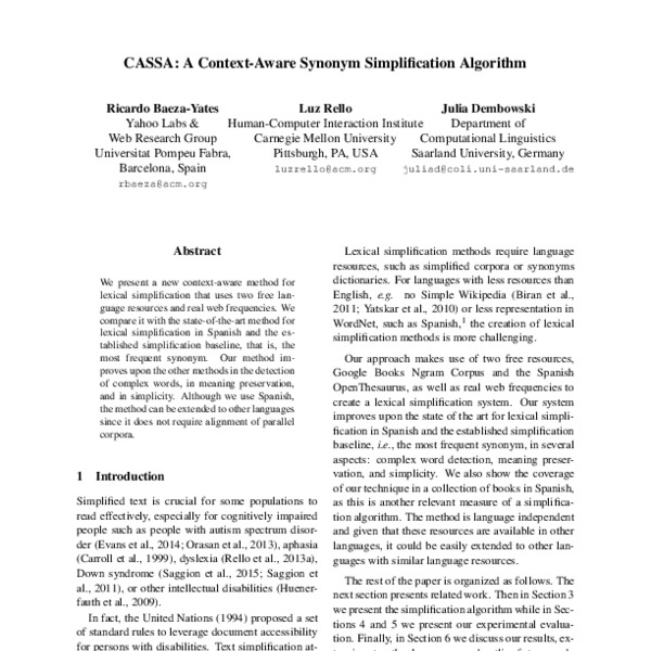 CASSA: A Context-Aware Synonym Simplification Algorithm - ACL Anthology