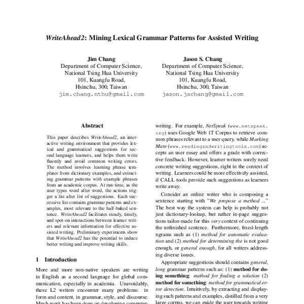 WriteAhead2: Mining Lexical Grammar Patterns for Assisted Writing - ACL ...