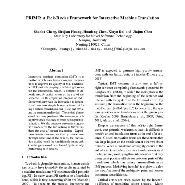 PRIMT: A Pick-Revise Framework for Interactive Machine Translation ...