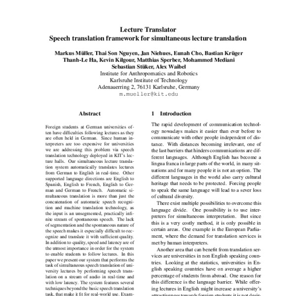 Lecture Translator - Speech translation framework for simultaneous ...