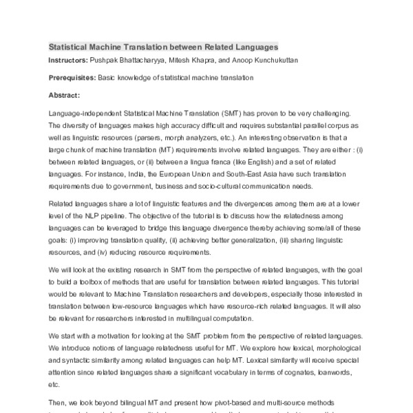 Statistical Machine Translation between Related Languages - ACL Anthology
