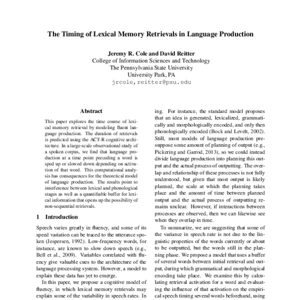 The Timing of Lexical Memory Retrievals in Language Production - ACL ...