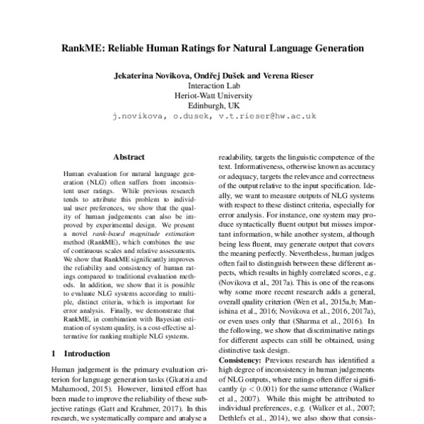 RankME: Reliable Human Ratings for Natural Language Generation - ACL ...