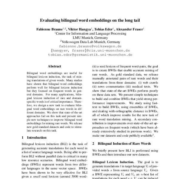 Evaluating bilingual word embeddings on the long tail - ACL Anthology
