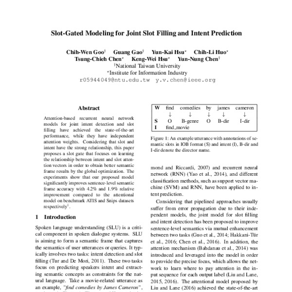 Slot-Gated Modeling for Joint Slot Filling and Intent Prediction - ACL ...