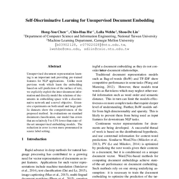 Self-Discriminative Learning for Unsupervised Document Embedding - ACL ...