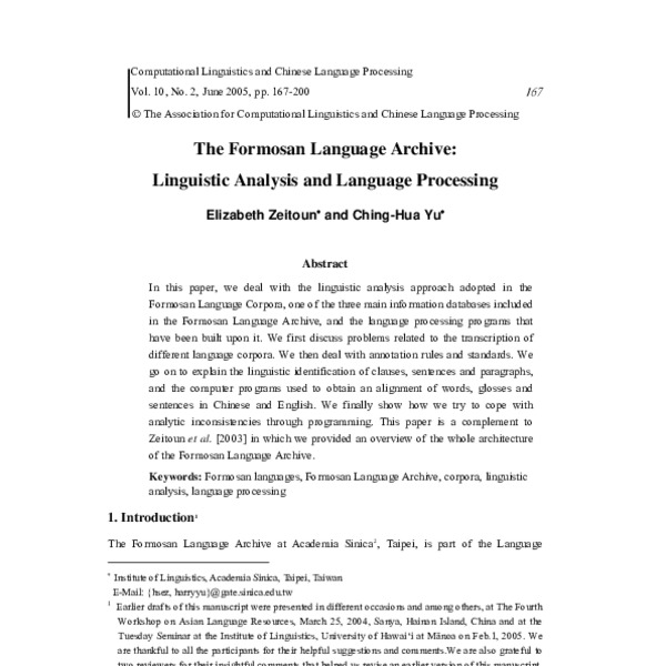 The Formosan Language Archive: Linguistic Analysis and Language ...