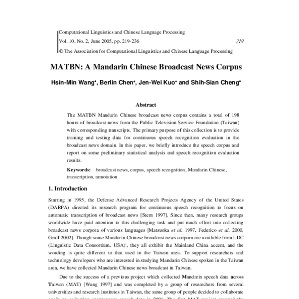 MATBN: A Mandarin Chinese Broadcast News Corpus - ACL Anthology