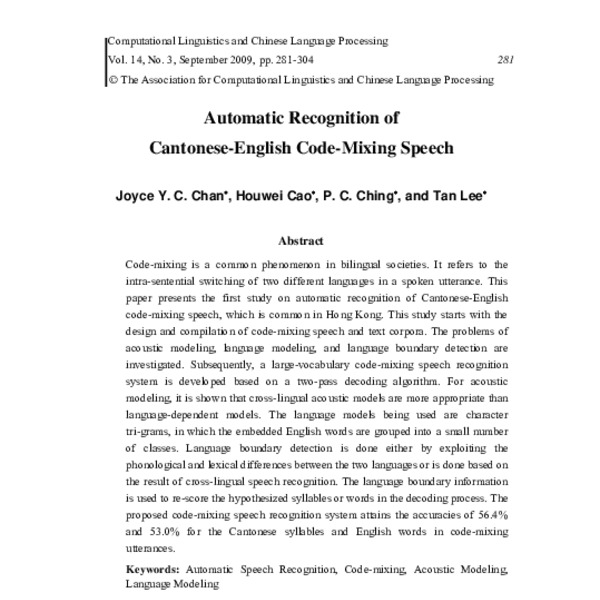 Automatic Recognition of Cantonese-English Code-Mixing Speech - ACL ...