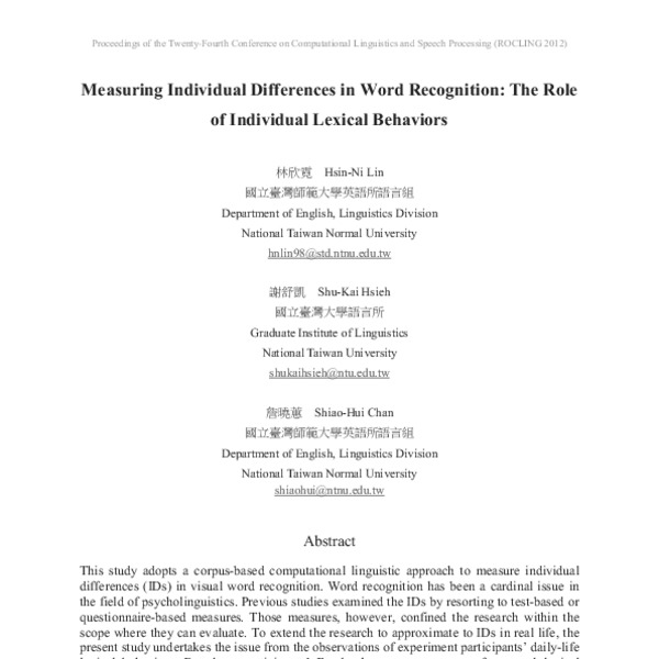 Measuring Individual Differences in Word Recognition: The Role of ...