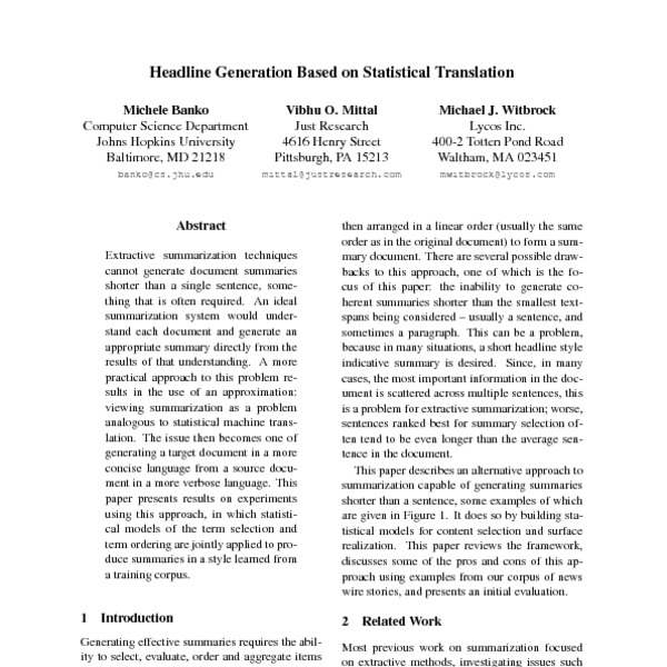 Headline Generation Based on Statistical Translation ACL Anthology