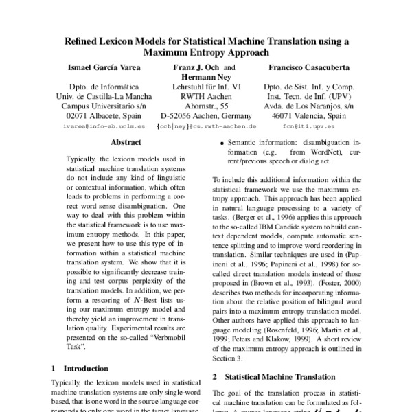 Refined Lexicon Models for Statistical Machine Translation using a ...