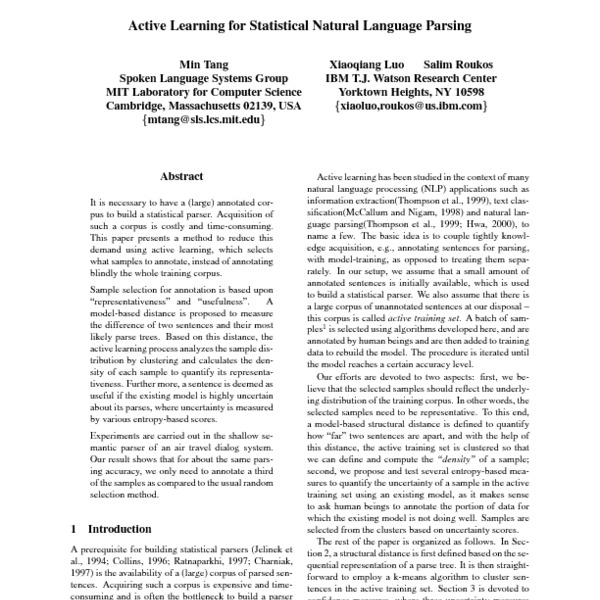 Active Learning For Statistical Natural Language Parsing - ACL Anthology