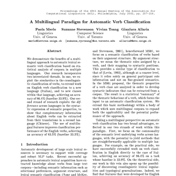 A Multilingual Paradigm for Automatic Verb Classification - ACL Anthology