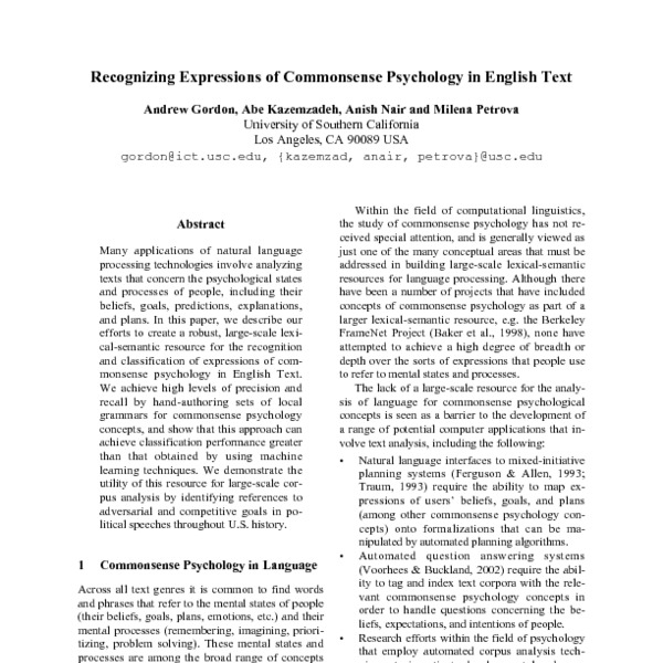 Recognizing Expressions of Commonsense Psychology in English Text - ACL ...