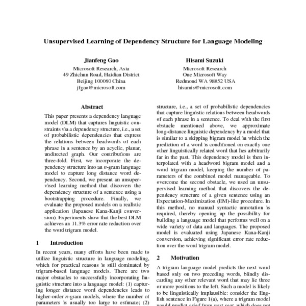 Unsupervised Learning Of Dependency Structure For Language Modeling Acl Anthology