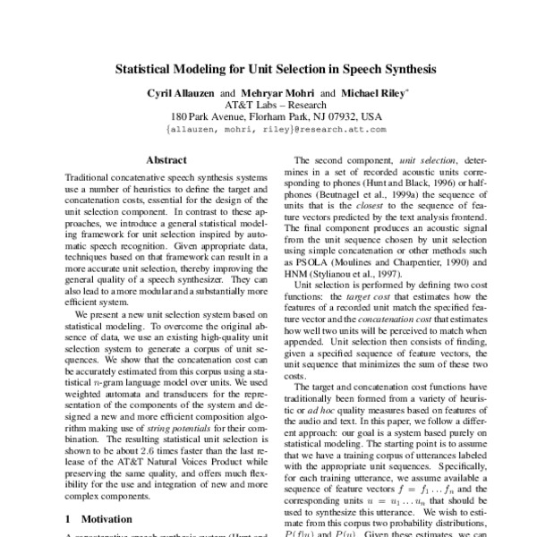 Statistical Modeling for Unit Selection in Speech Synthesis - ACL Anthology