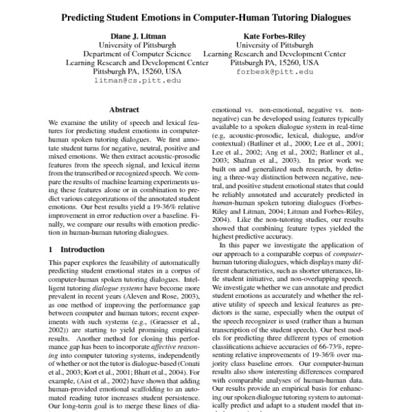 Predicting Student Emotions in Computer-Human Tutoring Dialogues - ACL ...