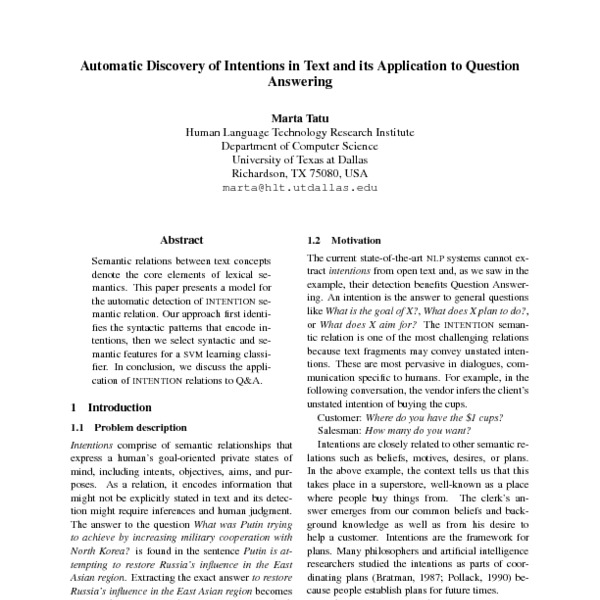 Automatic Discovery of Intentions in Text and its Application to