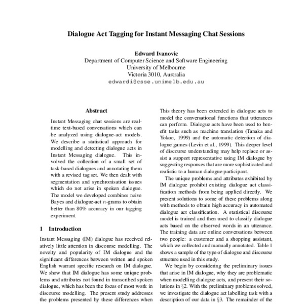 Dialogue Act Tagging for Instant Messaging Chat Sessions - ACL Anthology