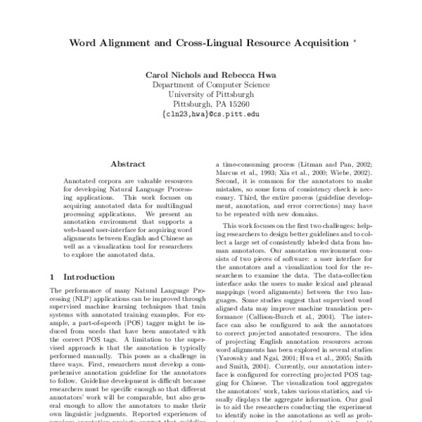 Word Alignment and Cross-Lingual Resource Acquisition - ACL Anthology