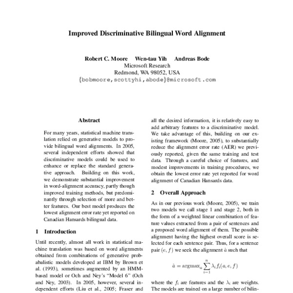 Improved Discriminative Bilingual Word Alignment - ACL Anthology