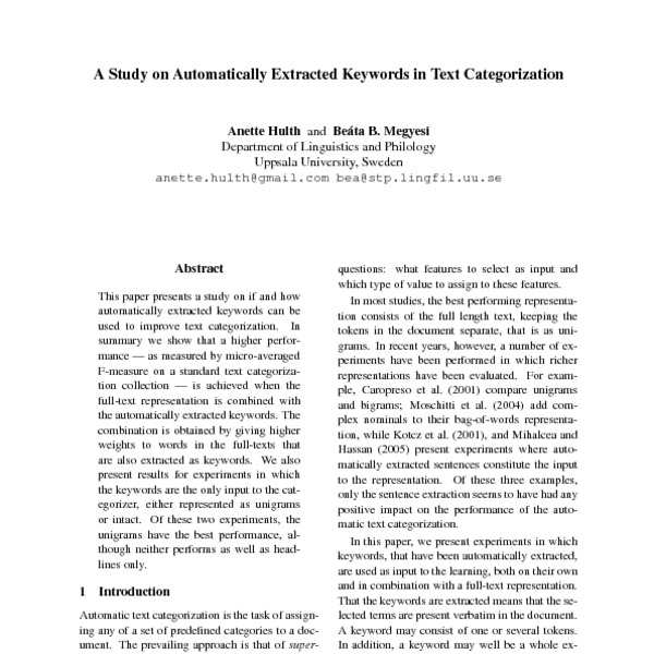 A Study On Automatically Extracted Keywords In Text Categorization ...