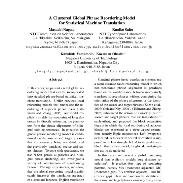 A Clustered Global Phrase Reordering Model for Statistical Machine ...