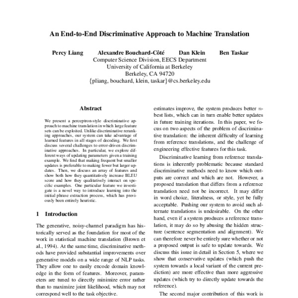 An End-to-End Discriminative Approach to Machine Translation - ACL ...