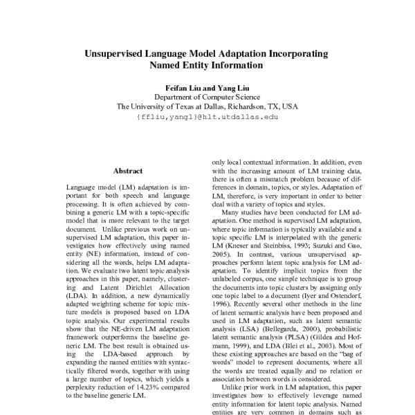 Unsupervised Language Model Adaptation Incorporating Named Entity Information Acl Anthology