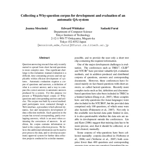Collecting a Why-Question Corpus for Development and Evaluation of an ...