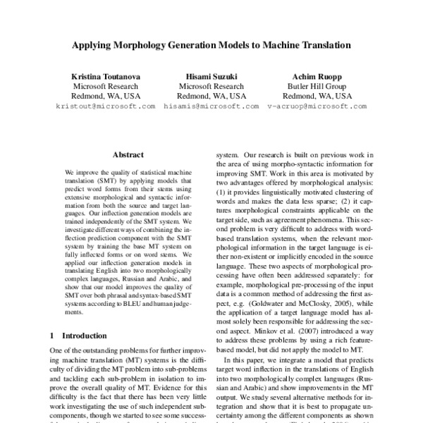 Applying Morphology Generation Models to Machine Translation - ACL ...