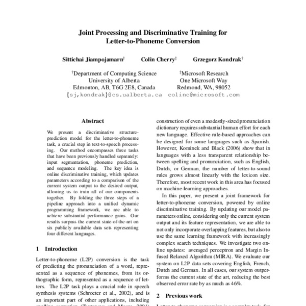 Joint Processing and Discriminative Training for Letter-to-Phoneme ...