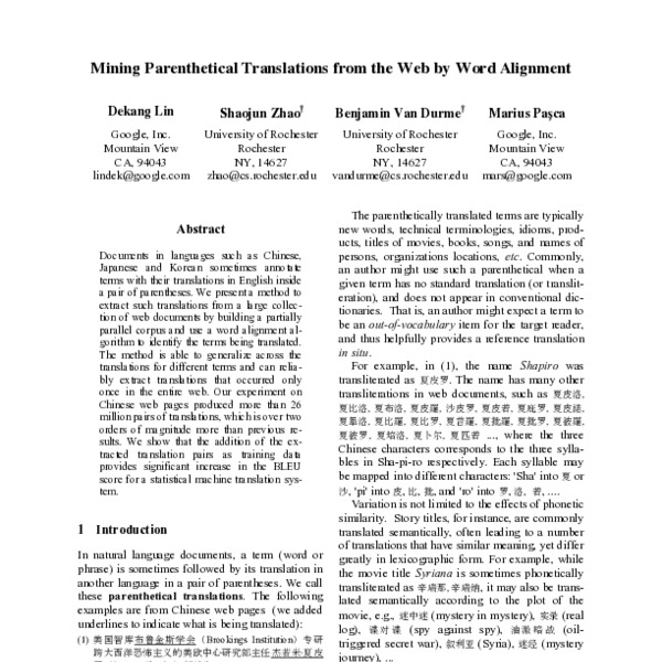 Mining Parenthetical Translations from the Web by Word Alignment - ACL ...