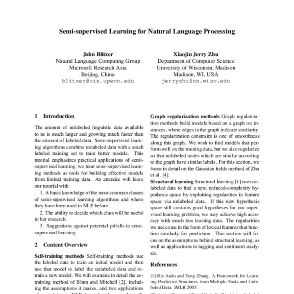 Semi-Supervised Learning for Natural Language Processing - ACL Anthology