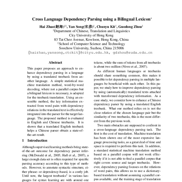 Cross Language Dependency Parsing using a Bilingual Lexicon - ACL Anthology