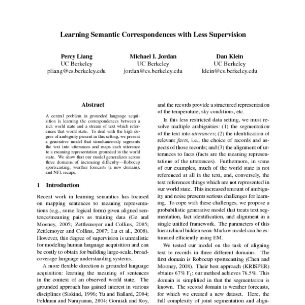 Learning Semantic Correspondences with Less Supervision - ACL Anthology