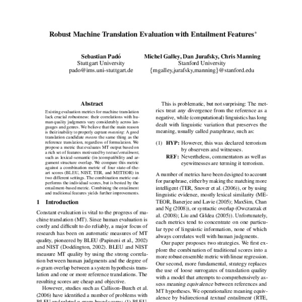 Robust Machine Translation Evaluation with Entailment Features - ACL ...