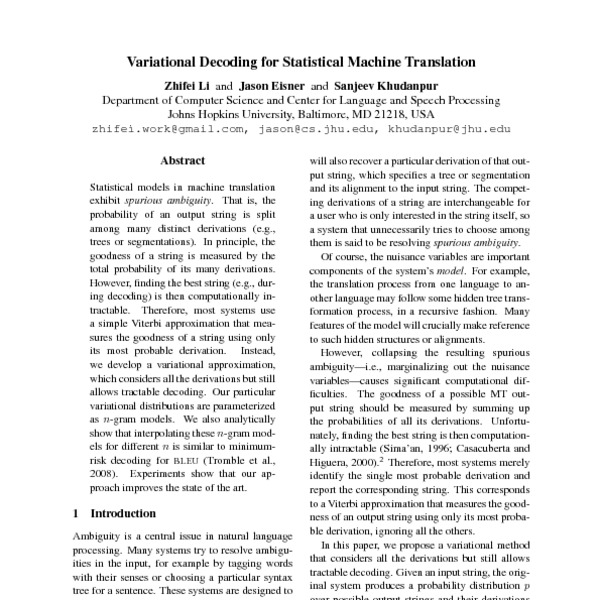 Variational Decoding For Statistical Machine Translation Acl Anthology