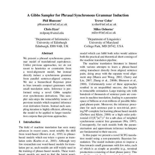 A Gibbs Sampler for Phrasal Synchronous Grammar Induction - ACL Anthology