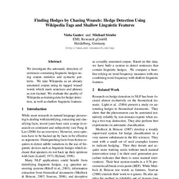 Finding Hedges by Chasing Weasels Hedge Detection Using Wikipedia Tags