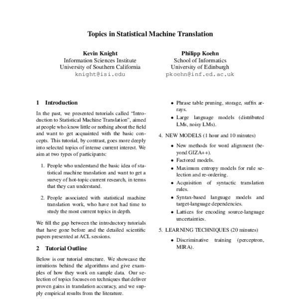 Topics in Statistical Machine Translation - ACL Anthology