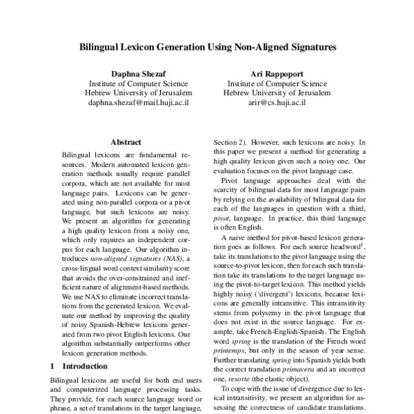 Bilingual Lexicon Generation Using Non-Aligned Signatures - ACL Anthology