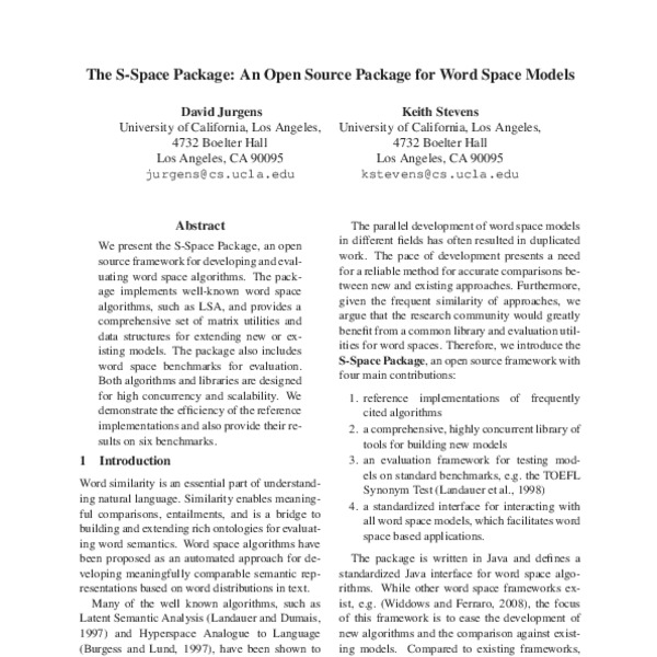 The S-Space Package: An Open Source Package for Word Space Models - ACL ...