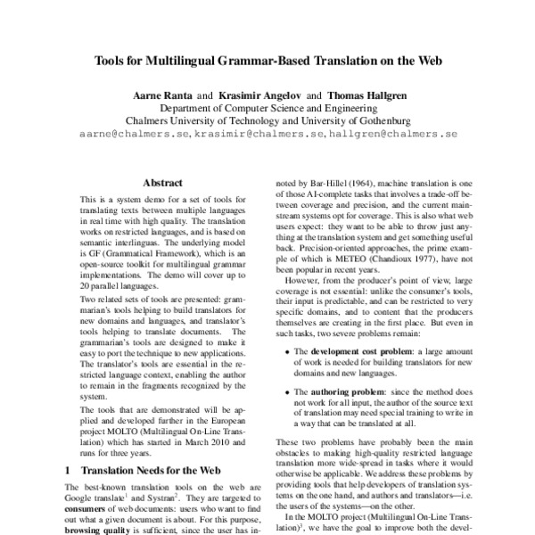 Tools for Multilingual Grammar-Based Translation on the Web - ACL Anthology