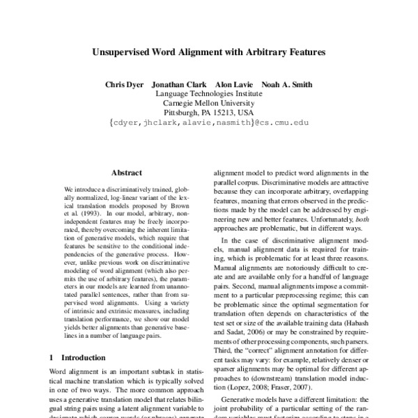 Unsupervised Word Alignment with Arbitrary Features - ACL Anthology