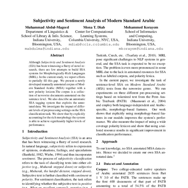 Subjectivity and Sentiment Analysis of Modern Standard Arabic - ACL ...